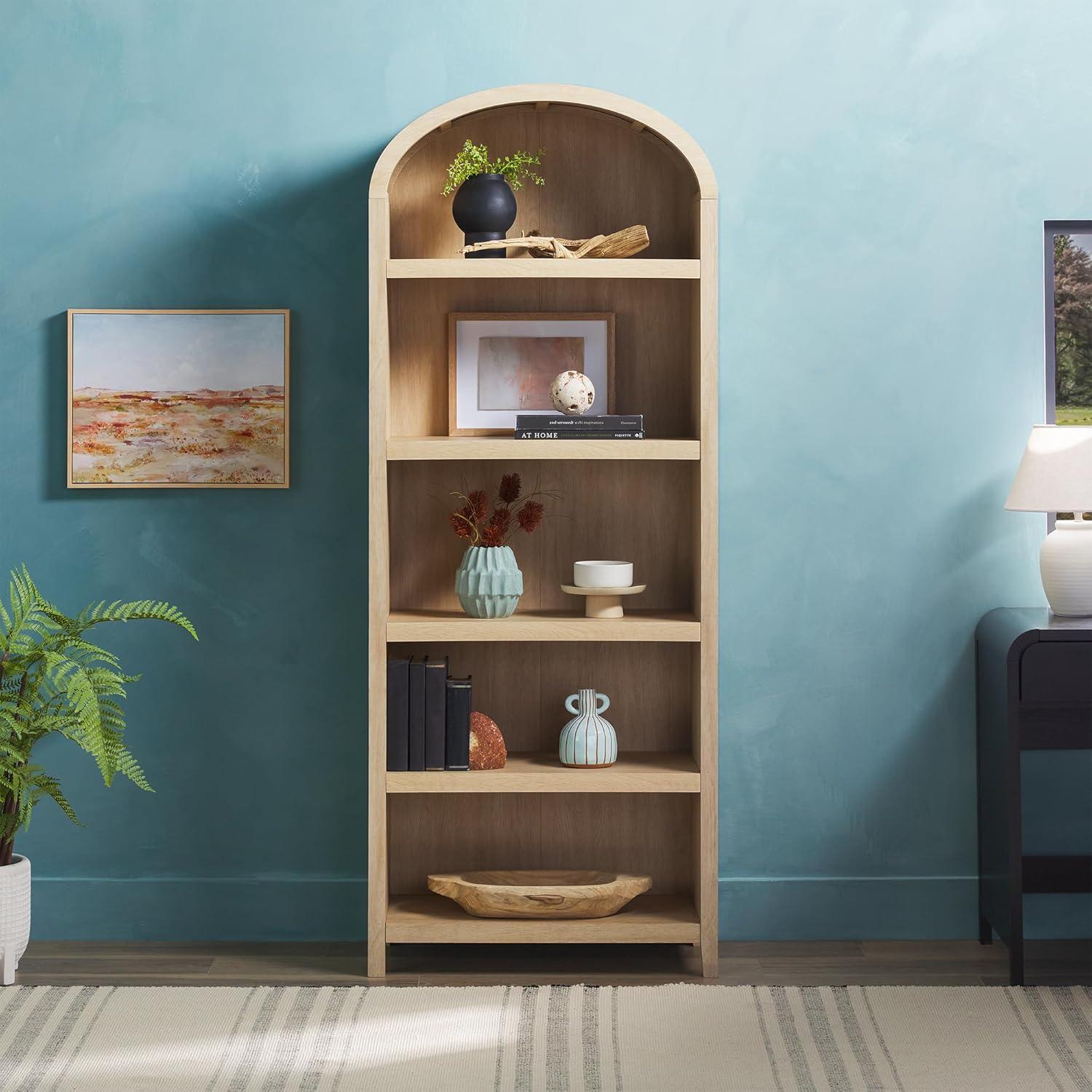 imageWalker Edison Chantelle Modern Arched 5Shelf Bookcase with Doors Curved Top Bookcase Display Shelf for Home Office Dining Room Living Spaces Tempered Glass and Metal Doors Coastal OakCoastal Oak