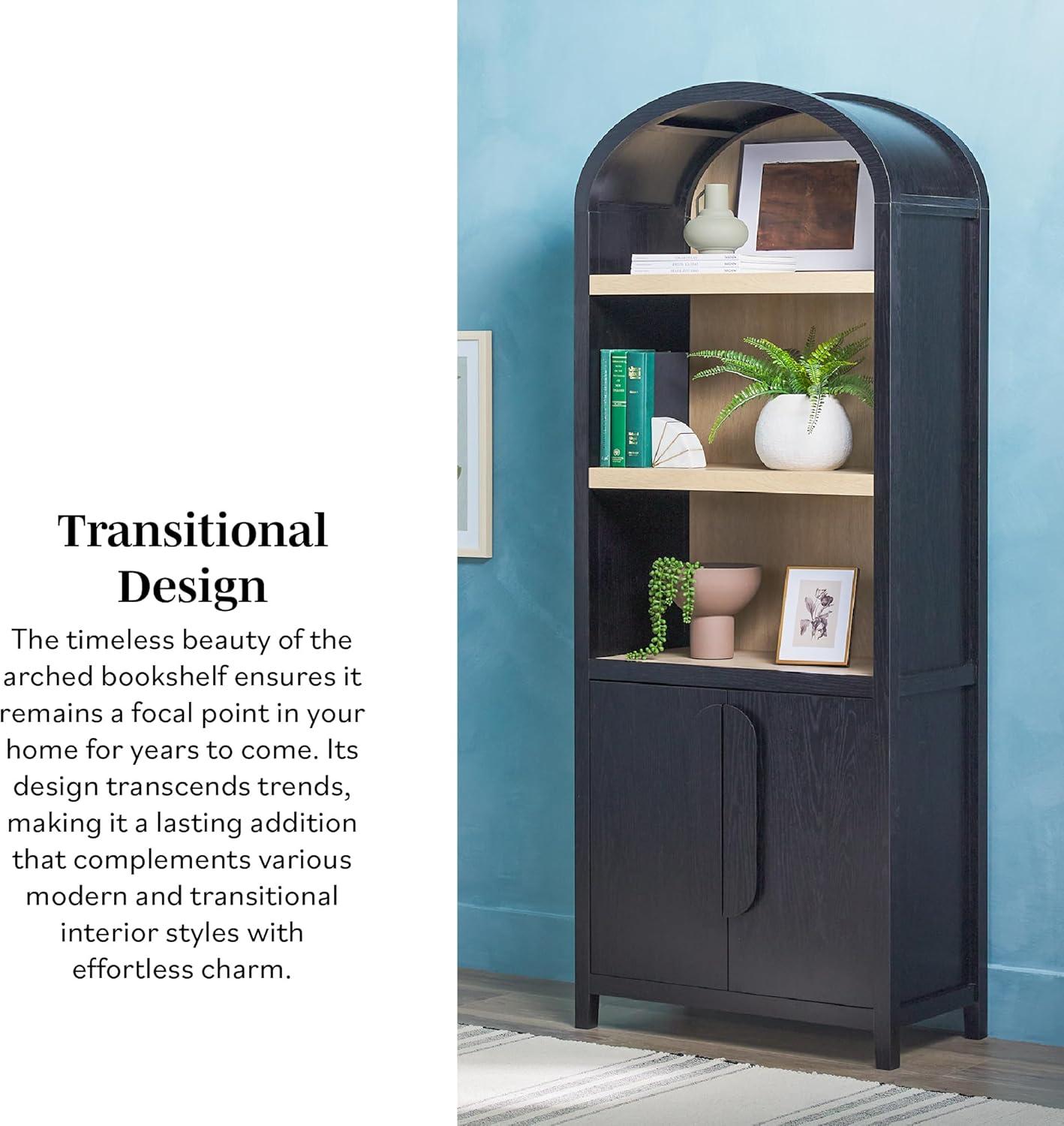 imageWalker Edison Chantelle Modern Arched 5Shelf Bookcase with Doors Curved Top Bookcase Display Shelf for Home Office Dining Room Living Spaces Tempered Glass and Metal Doors Coastal OakBlack