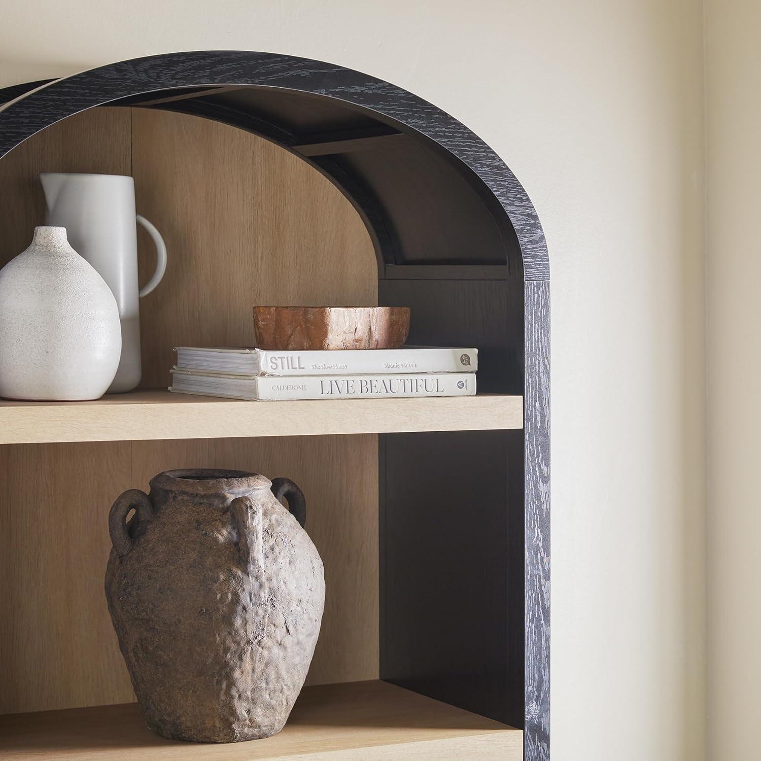 imageWalker Edison Chantelle Modern Arched 5Shelf Bookcase with Doors Curved Top Bookcase Display Shelf for Home Office Dining Room Living Spaces Tempered Glass and Metal Doors Coastal OakBlack