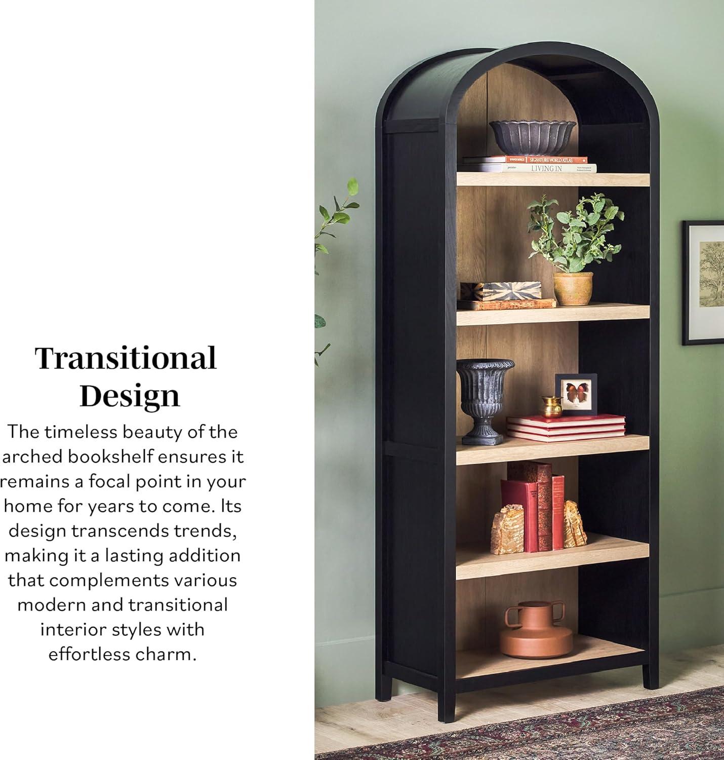 imageWalker Edison Chantelle Modern Arched 5Shelf Bookcase with Doors Curved Top Bookcase Display Shelf for Home Office Dining Room Living Spaces Tempered Glass and Metal Doors Coastal OakBlack
