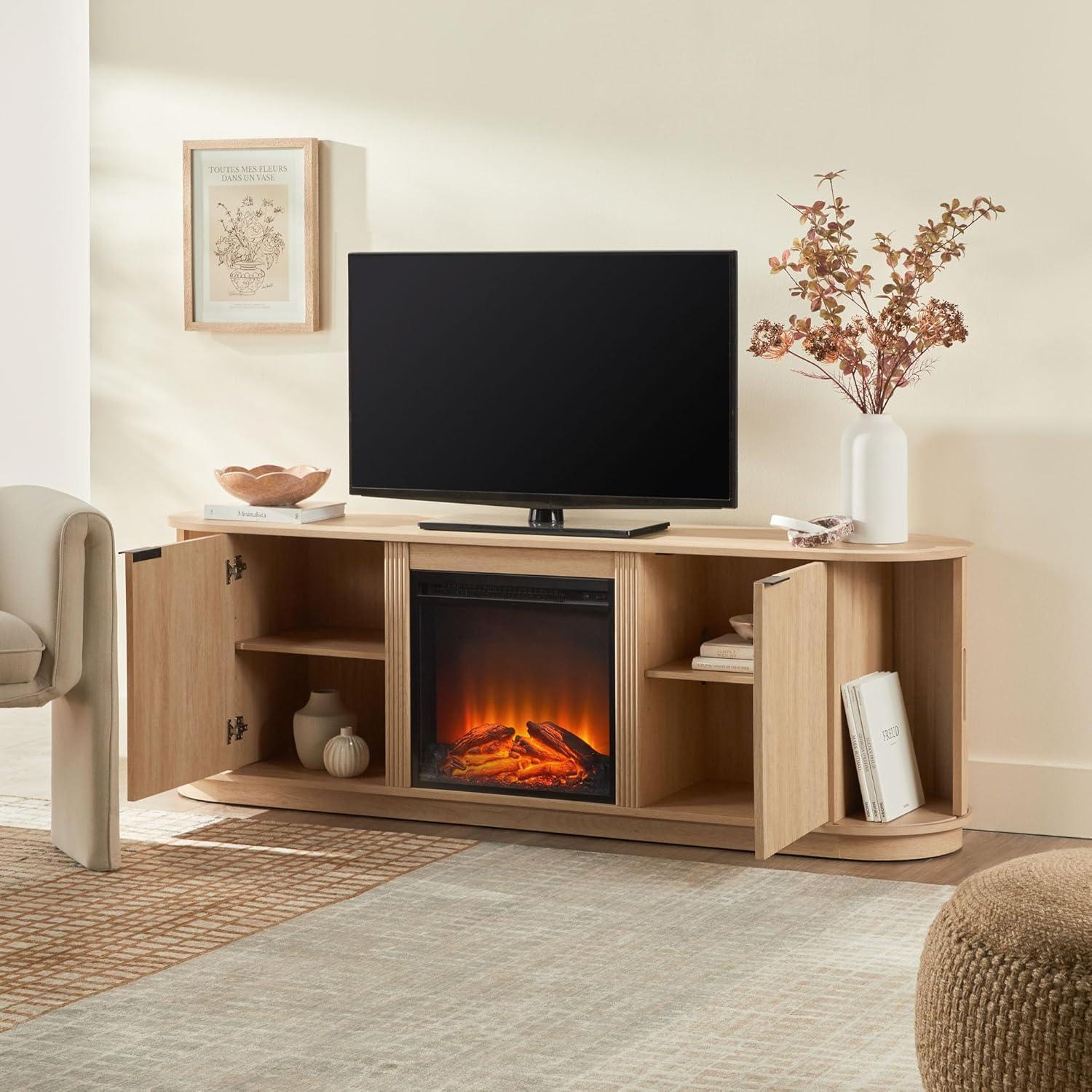 imageWalker Edison Chloe Reeded TV Stand with Fireplace Insert 65 Inch 60 inch MochaCoastal Oak