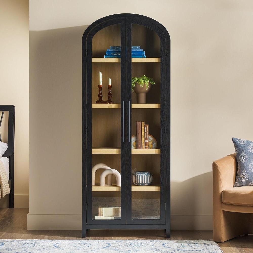 imageWalker Edison Chantelle Modern Arched 5Shelf Bookcase with Doors Curved Top Bookcase Display Shelf for Home Office Dining Room Living Spaces Tempered Glass and Metal Doors Coastal OakBlack