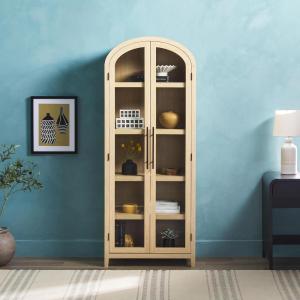 Walker Edison Chantelle Modern Arched 5-Shelf Bookcase with Doors, Curved Top Bookcase Display Shelf for Home Office, Dining Room, Living Spaces, Tempered Glass and Metal Doors, Coastal Oak(Coastal Oak)