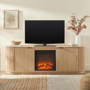Walker Edison Chloe Reeded TV Stand with Fireplace Insert, 75 Inch, 70 Inch, Mocha(Coastal Oak)