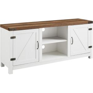 Walker Edison Larae Modern Farmhouse Two-Tone Barn Door Stand for TVs up to 65 Inches, Without Fireplace, Rustic Oak/White