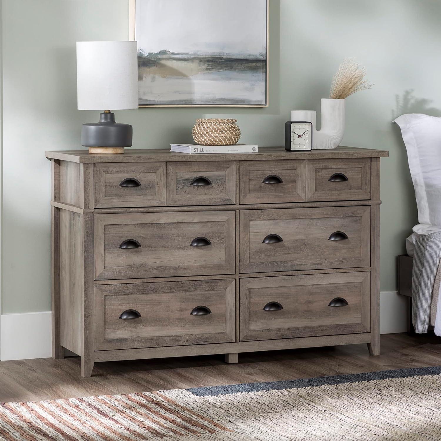 imageModern Farmhouse 6Drawer Framed Dresser with HalfMoon Handles 52 Inch White OakGrey Washt