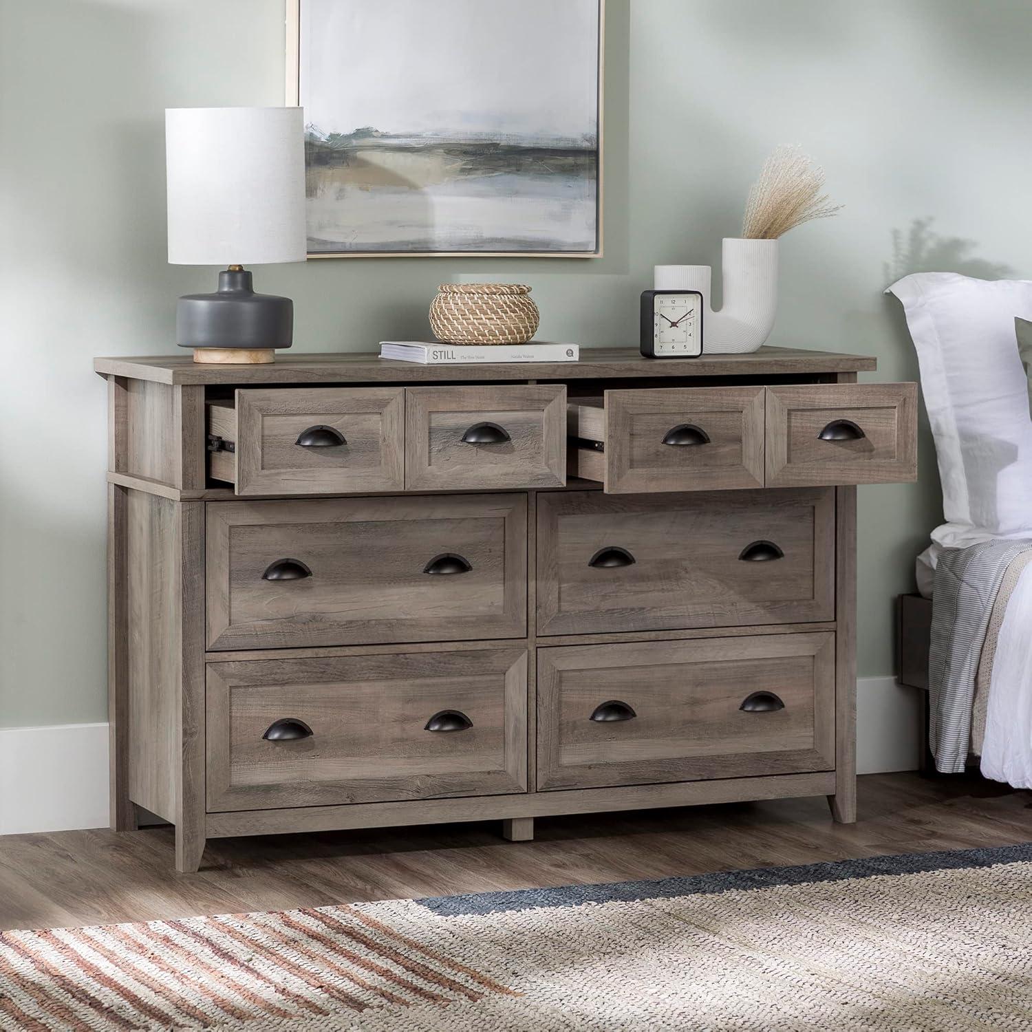 imageModern Farmhouse 6Drawer Framed Dresser with HalfMoon Handles 52 Inch White OakGrey Washt