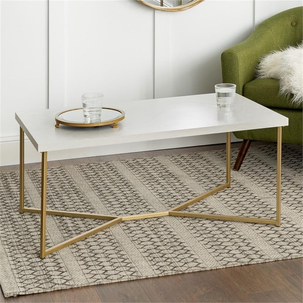 imageWalker Edison Mid Century Modern Marble Gold Rectangle Coffee Table Living Room Accent Ottoman Storage Shelf 42 Inch Marble and GoldMarbleGold