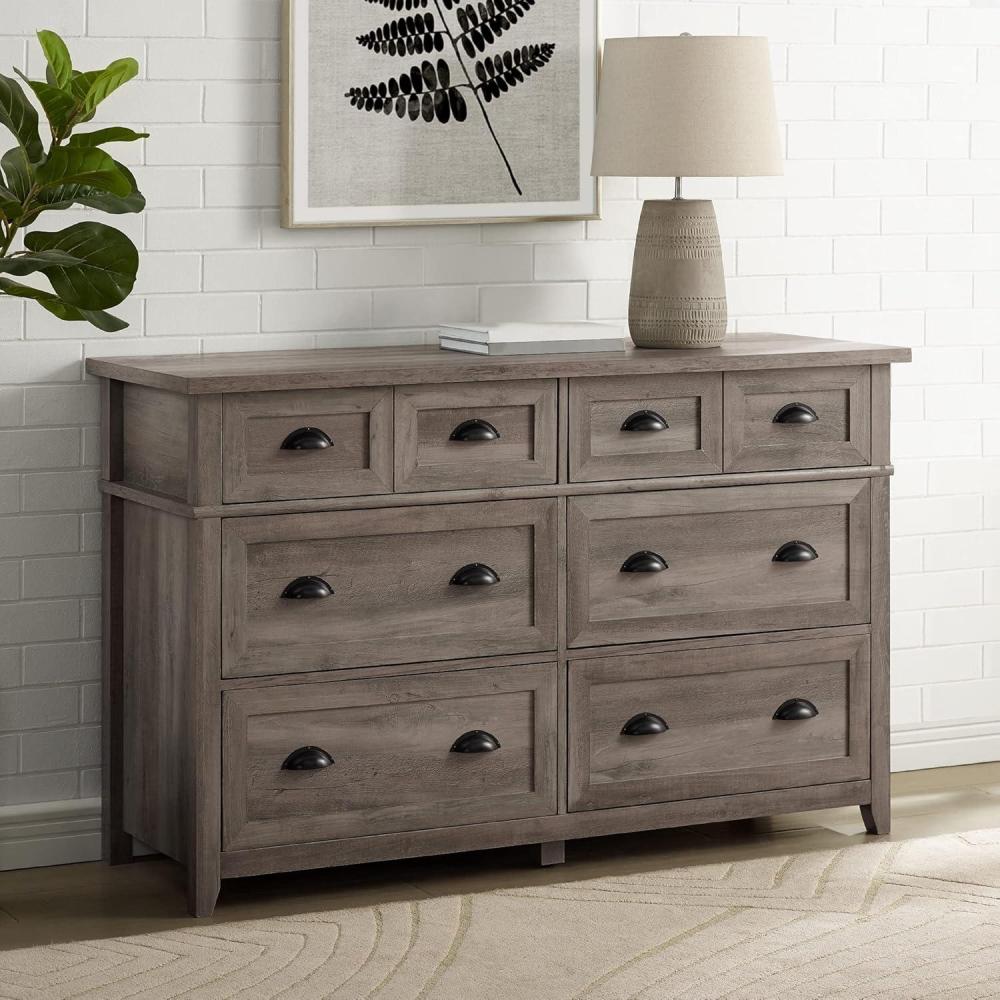 imageModern Farmhouse 6Drawer Framed Dresser with HalfMoon Handles 52 Inch White OakGrey Washt