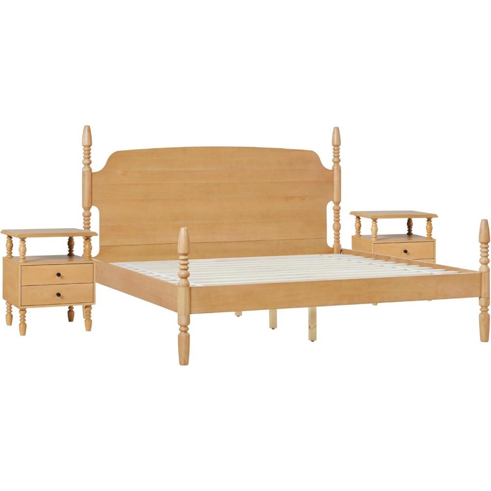 imageWalker Edison Solid Wood Spindle Vivienne King Bed with Two EZ Assembly 2Drawer Nightstands 3Piece NaturalNatural