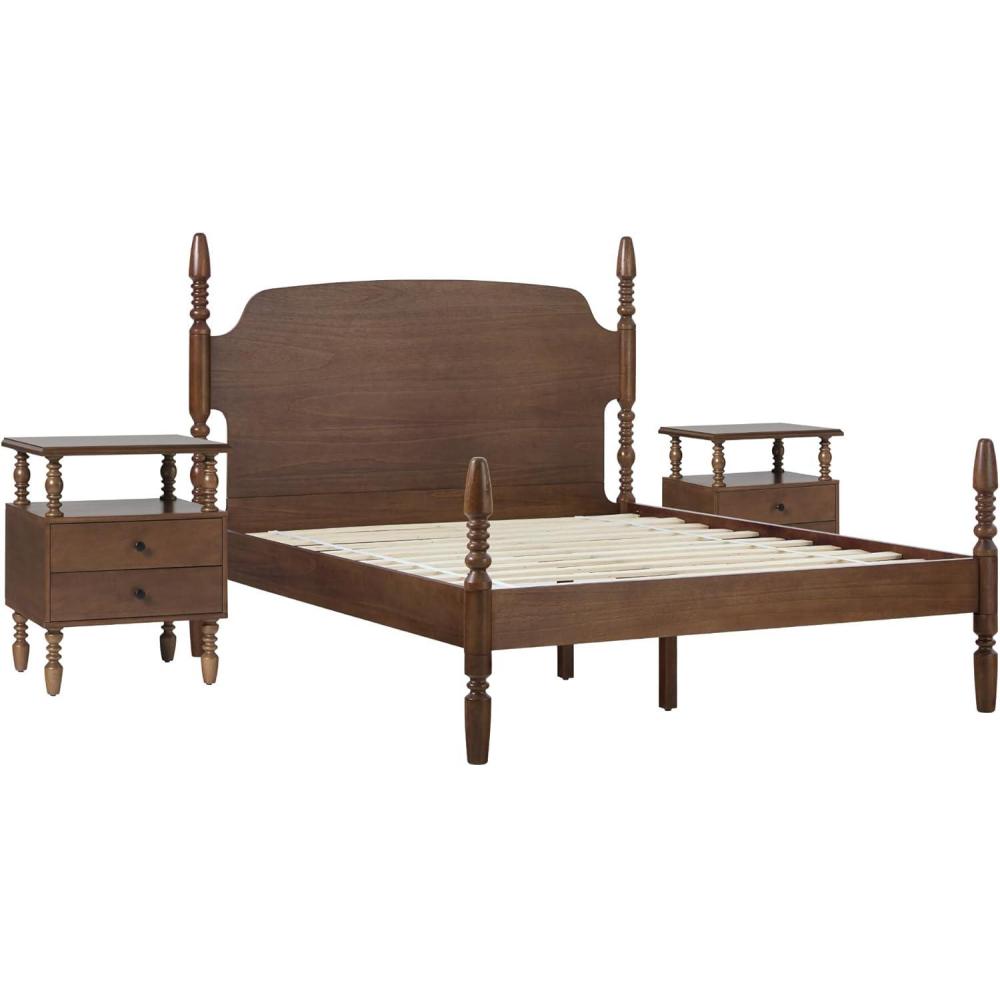 imageWalker Edison Solid Wood Spindle Vivienne Queen Bed with Two EZ Assembly 2Drawer Nightstands 3Piece Dark BrownDark Brown