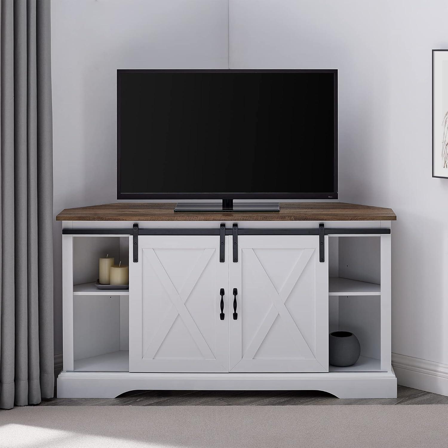 imageWalker Edison Everette Modern Farmhouse Double Sliding X Barn Door TV Stand for TVs up to 58 Inches 52 Inch Traditional Brown and White OakReclaimed Barnwood and Solid White