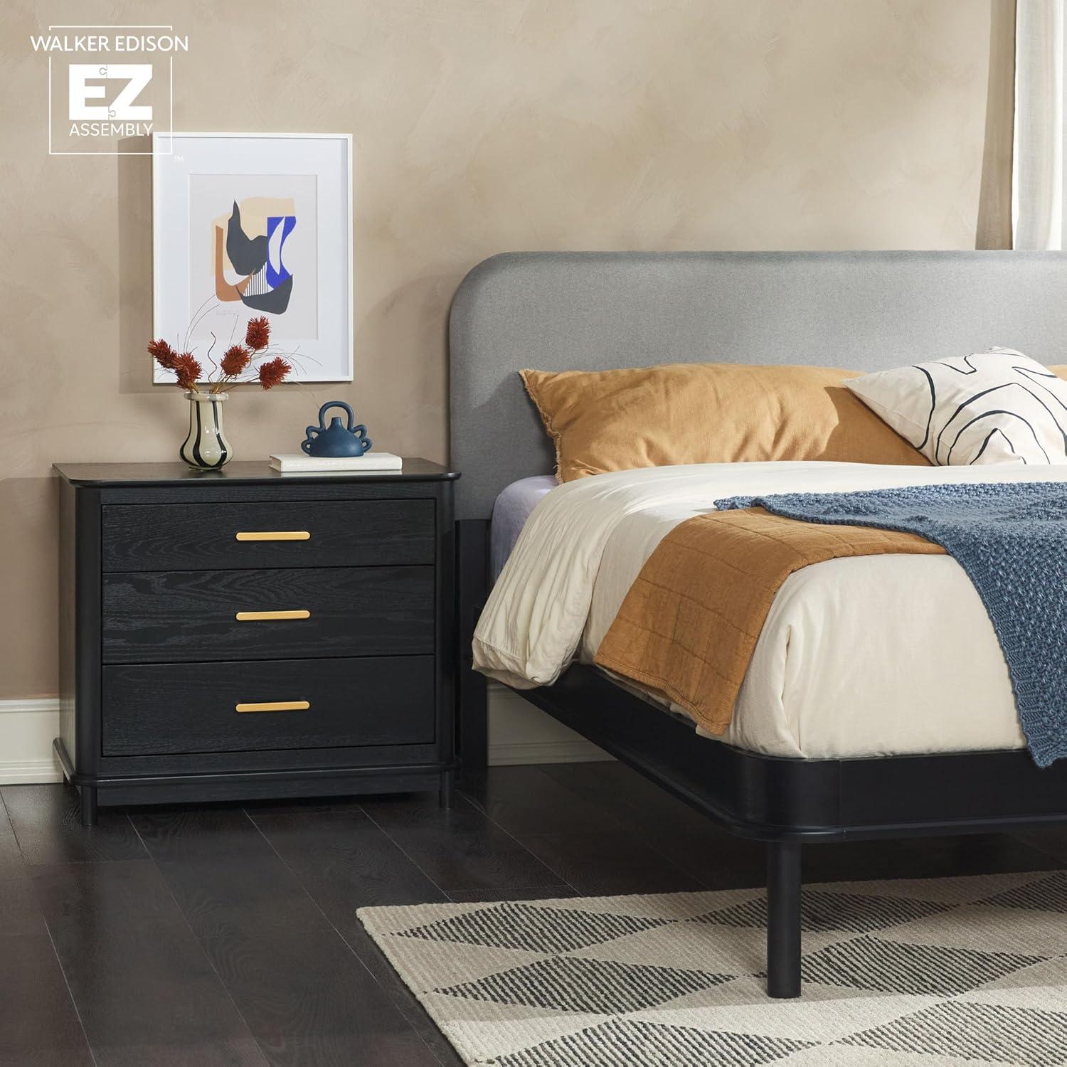 imageWalker Edison 3Piece Contemporary Wood Bedroom Set Solid Pine King Bed with Upholstered Headboard 2 UltraEasy Drawer Assembly 3Drawer Nightstands with Brass Hardware Set of 3 BlackBlack