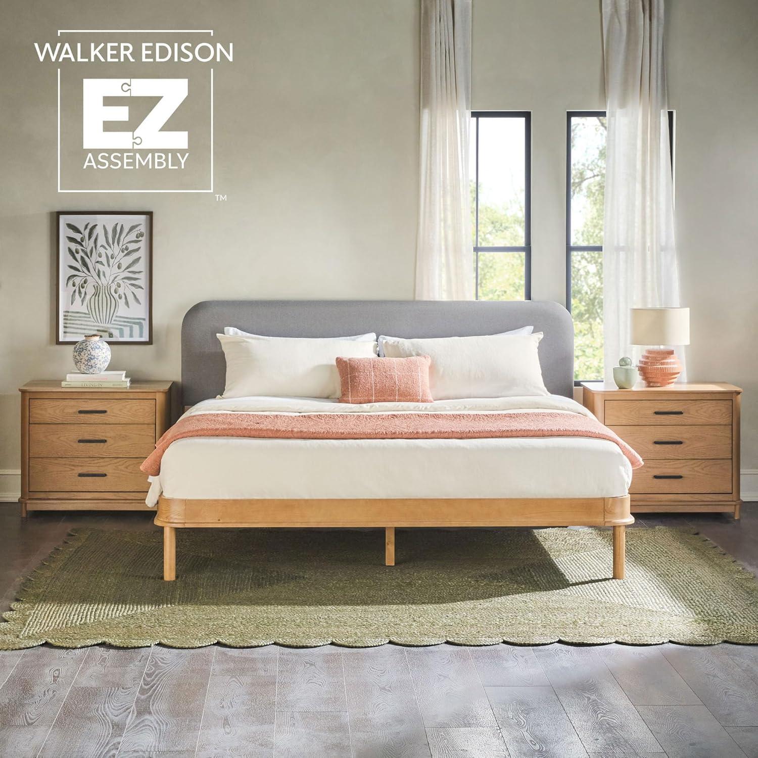 imageWalker Edison 3Piece Contemporary Wood Bedroom Set Solid Pine King Bed with Upholstered Headboard 2 UltraEasy Drawer Assembly 3Drawer Nightstands with Brass Hardware Set of 3 BlackEnglish Oak