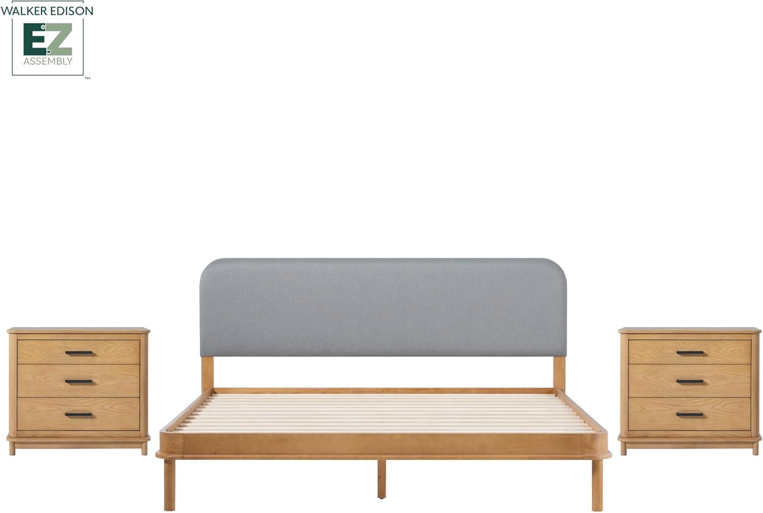 imageWalker Edison 3Piece Contemporary Wood Bedroom Set Solid Pine King Bed with Upholstered Headboard 2 UltraEasy Drawer Assembly 3Drawer Nightstands with Brass Hardware Set of 3 BlackEnglish Oak