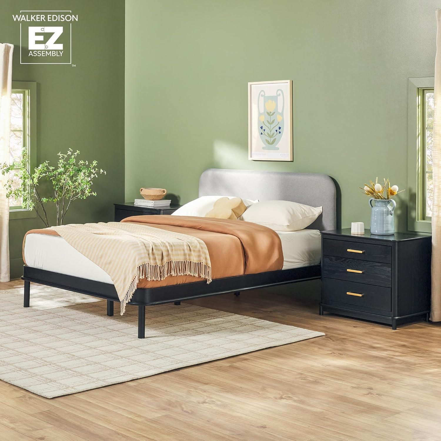imageWalker Edison 3Piece Contemporary Wood Bedroom Set Solid Pine Queen Bed with Upholstered Headboard 2 UltraEasy Drawer Assembly 3Drawer Nightstands with Brass Hardware Set of 3 BlackBlack