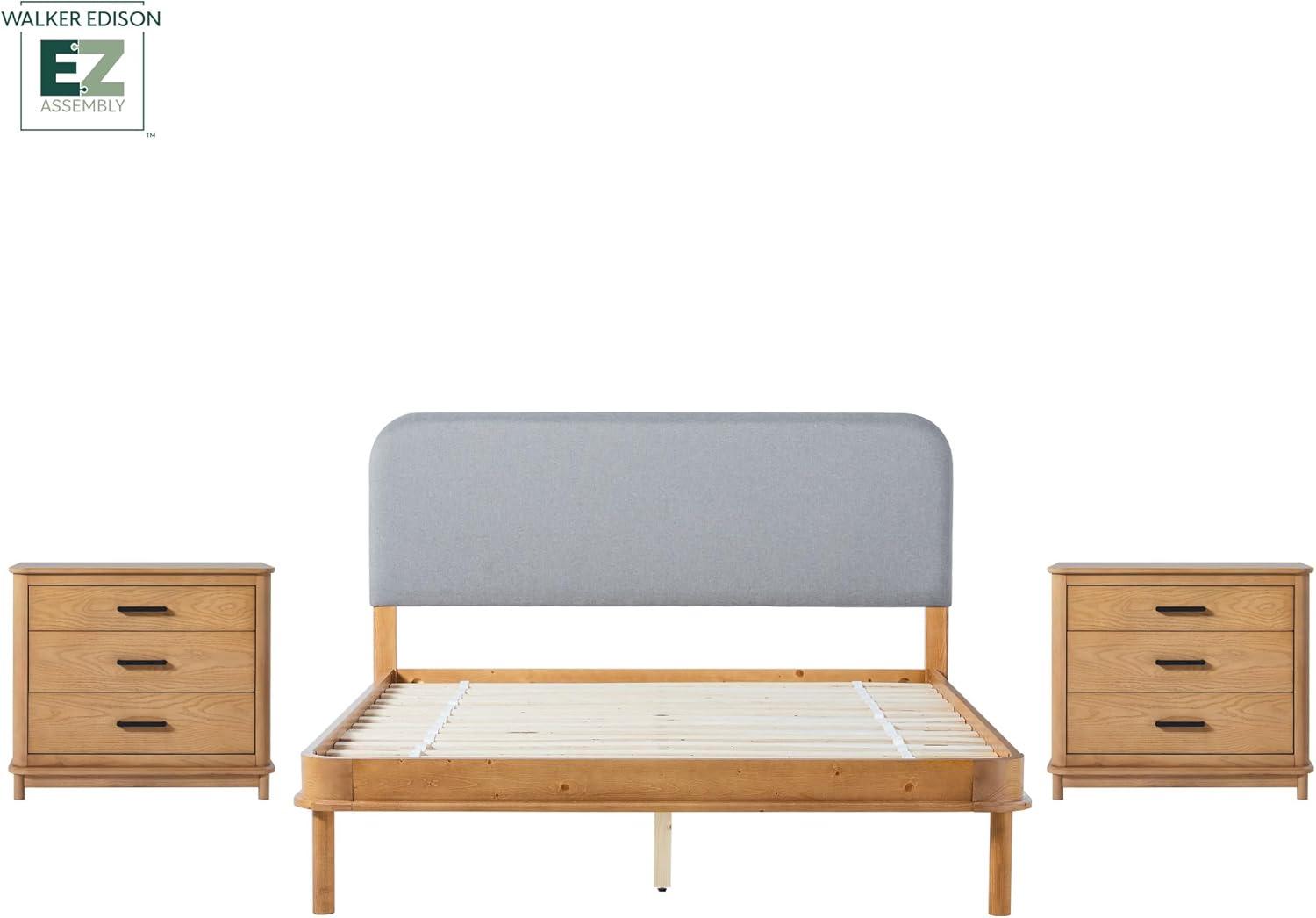 imageWalker Edison 3Piece Contemporary Wood Bedroom Set Solid Pine Queen Bed with Upholstered Headboard 2 UltraEasy Drawer Assembly 3Drawer Nightstands with Brass Hardware Set of 3 BlackEnglish Oak