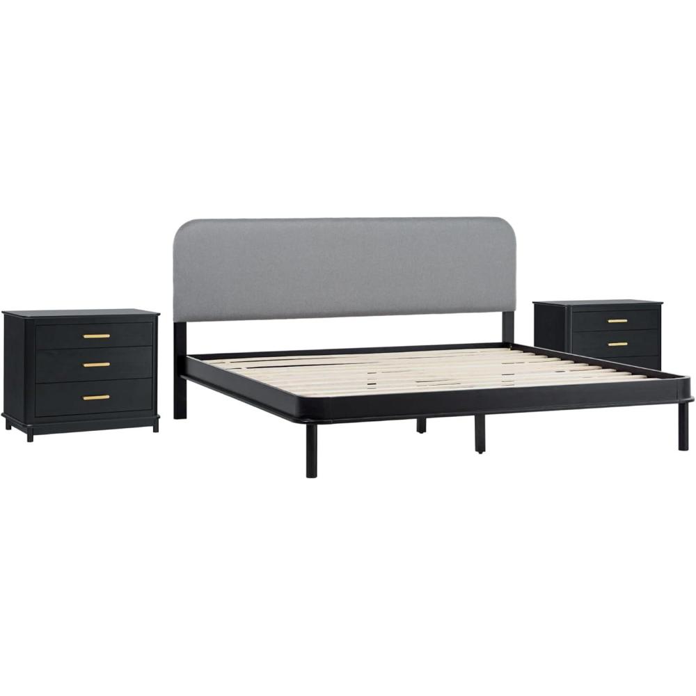 imageWalker Edison 3Piece Contemporary Wood Bedroom Set Solid Pine King Bed with Upholstered Headboard 2 UltraEasy Drawer Assembly 3Drawer Nightstands with Brass Hardware Set of 3 BlackBlack