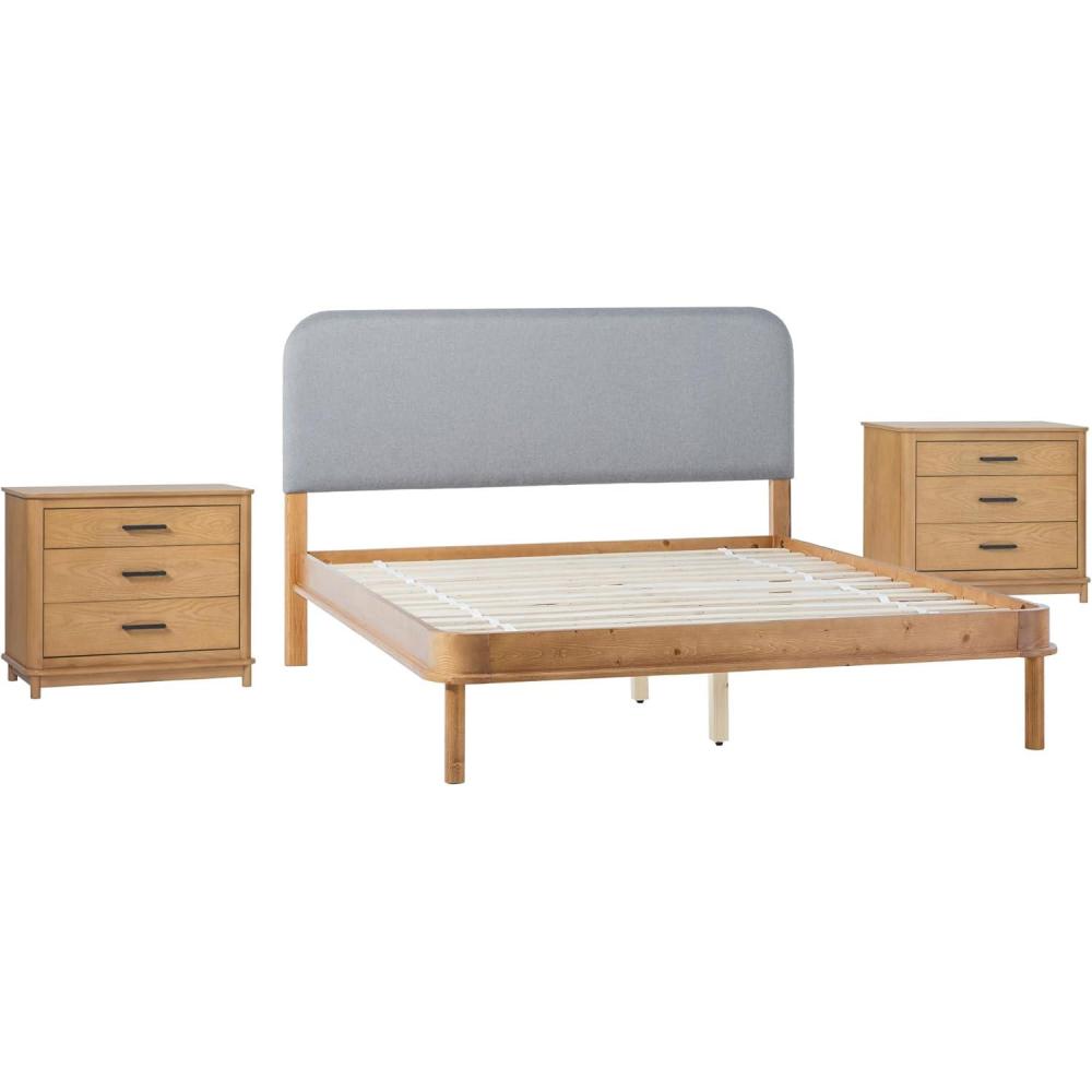imageWalker Edison 3Piece Contemporary Wood Bedroom Set Solid Pine Queen Bed with Upholstered Headboard 2 UltraEasy Drawer Assembly 3Drawer Nightstands with Brass Hardware Set of 3 BlackEnglish Oak