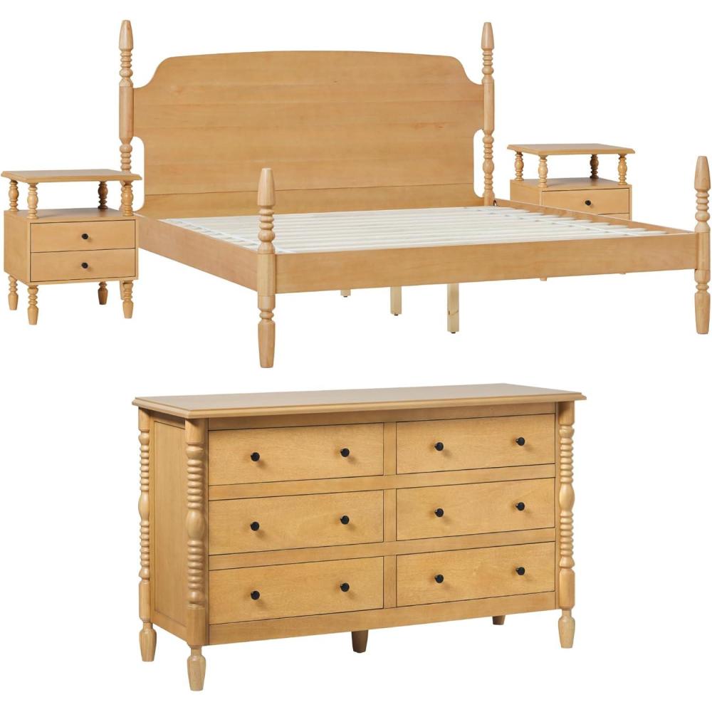 imageWalker Edison Solid Wood Spindle Vivienne King Bed with Two EZ Assembly 2Drawer Nightstands and a 6Drawer Dresser 4Piece Natural