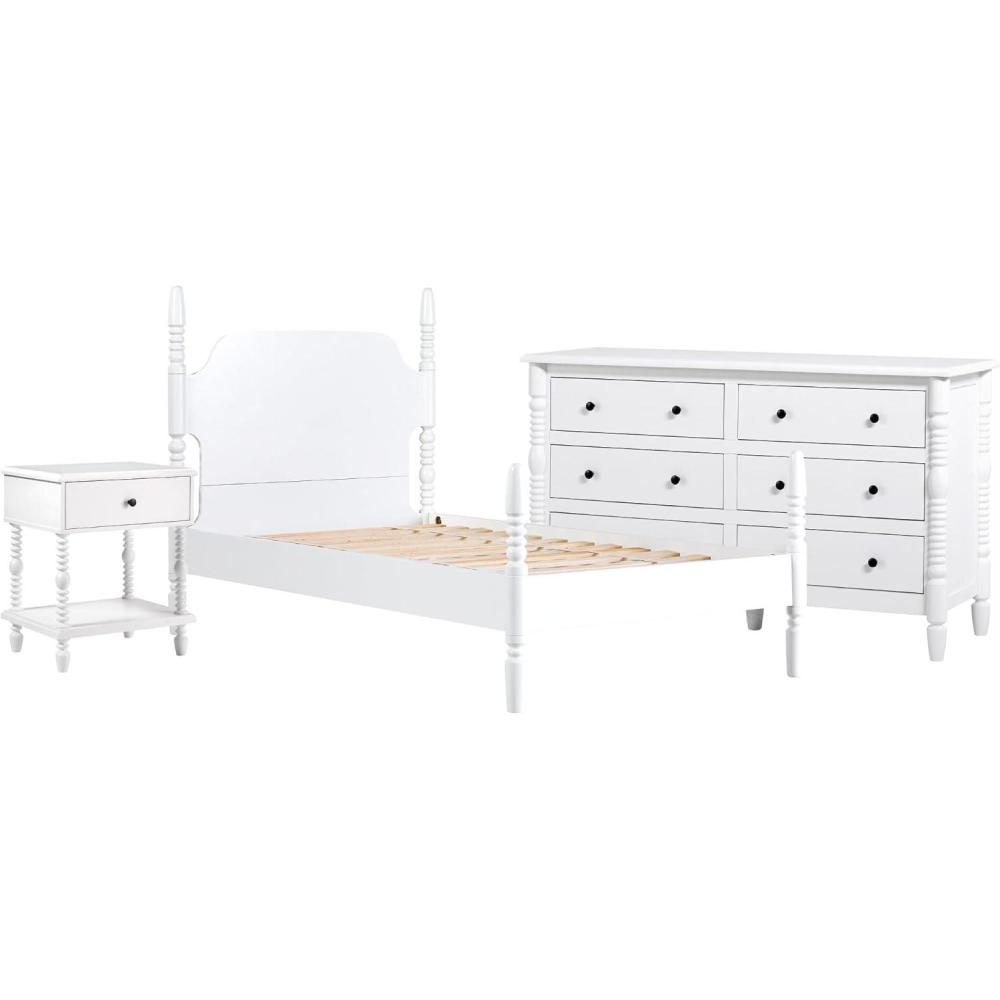 imageWalker Edison Solid Wood Spindle Vivienne Twin Bed EZ Assembly Premium 1Drawer Nightstand and 6Drawer Dresser 3Piece White