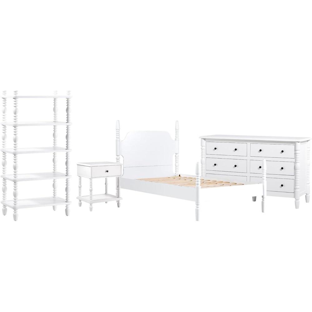 imageWalker Edison Vivienne Wood Spindle Bed EZ Assembly 1Drawer Nightstand 6Drawer Dresser and Short Bookshelf 4Piece White