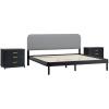 Walker Edison 3-Piece Contemporary Wood Bedroom Set, Solid Pine King Bed with Upholstered Headboard, 2 Ultra-Easy Drawer Assembly 3-Drawer Nightstands with Brass Hardware, Set of 3, Black(Black)