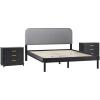 Walker Edison 3-Piece Contemporary Wood Bedroom Set, Solid Pine Queen Bed with Upholstered Headboard, 2 Ultra-Easy Drawer Assembly 3-Drawer Nightstands with Brass Hardware, Set of 3, Black(Black)
