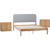 Walker Edison 3-Piece Contemporary Wood Bedroom Set, Solid Pine Queen Bed with Upholstered Headboard, 2 Ultra-Easy Drawer Assembly 3-Drawer Nightstands with Brass Hardware, Set of 3, Black(English Oak)
