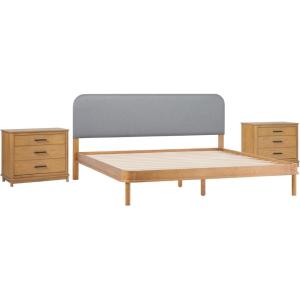 Walker Edison 3-Piece Contemporary Wood Bedroom Set, Solid Pine King Bed with Upholstered Headboard, 2 Ultra-Easy Drawer Assembly 3-Drawer Nightstands with Brass Hardware, Set of 3, Black(English Oak)
