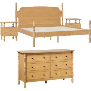 Walker Edison Solid Wood Spindle Vivienne King Bed with Two EZ Assembly 2-Drawer Nightstands and a 6-Drawer Dresser, 4-Piece, Natural