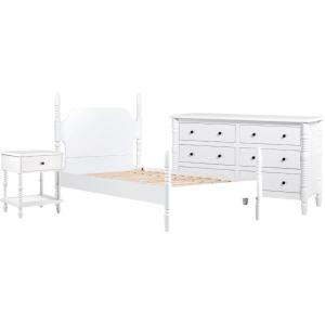 Walker Edison Solid Wood Spindle Vivienne Twin Bed EZ Assembly™ Premium 1-Drawer Nightstand and 6-Drawer Dresser, 3-Piece, White