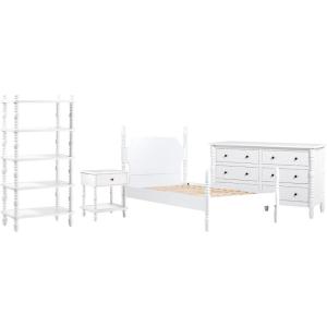 Walker Edison Vivienne Wood Spindle Bed EZ Assembly 1-Drawer Nightstand, 6-Drawer Dresser, and Short Bookshelf, 4-Piece, White