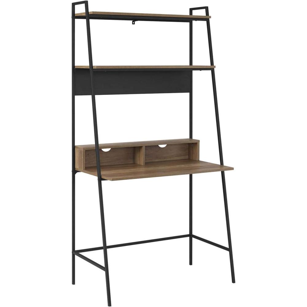 imageWalker Edison Modern Transitional Interior Design Reeded Desk with Hutch and Drawers Builtin Tech Desk with Cord Management Storage for Small Living Spaces 38W x 19D x 70H BlackLadder Rustic Oak