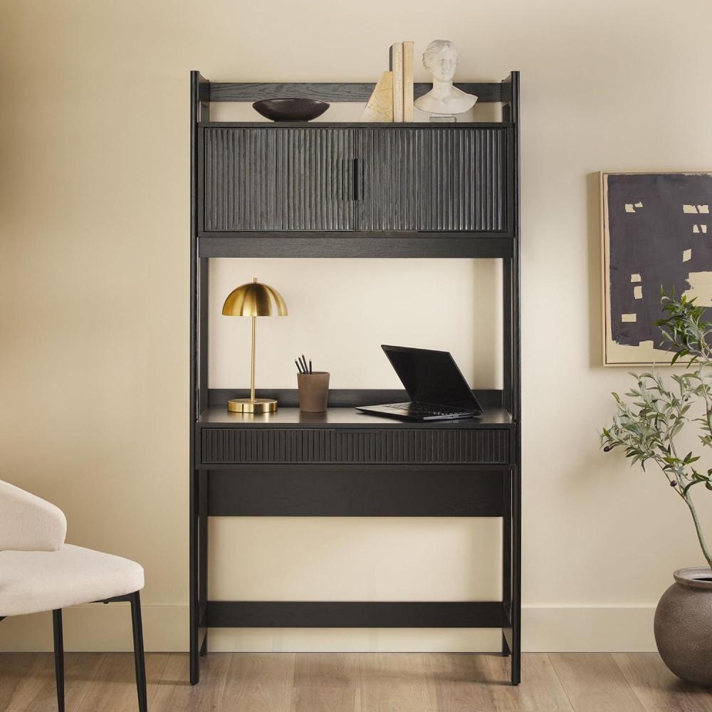 imageWalker Edison Modern Transitional Interior Design Reeded Desk with Hutch and Drawers Builtin Tech Desk with Cord Management Storage for Small Living Spaces 38W x 19D x 70H BlackBlack