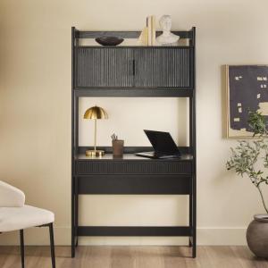 Walker Edison Modern Transitional Interior Design Reeded Desk with Hutch and Drawers, Built-in Tech, Desk with Cord Management, Storage for Small Living Spaces, 38”W x 19”D x 70”H, Black(Black)