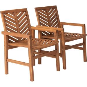 Walker Edison 2 Piece Outdoor Patio Chevron Wood Chair Set All Weather Backyard Conversation Garden Poolside Balcony, Set of 2, Brown(Brown)