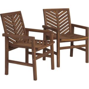 Walker Edison 2 Piece Outdoor Patio Chevron Wood Chair Set All Weather Backyard Conversation Garden Poolside Balcony, Set of 2, Brown(Dark Brown)
