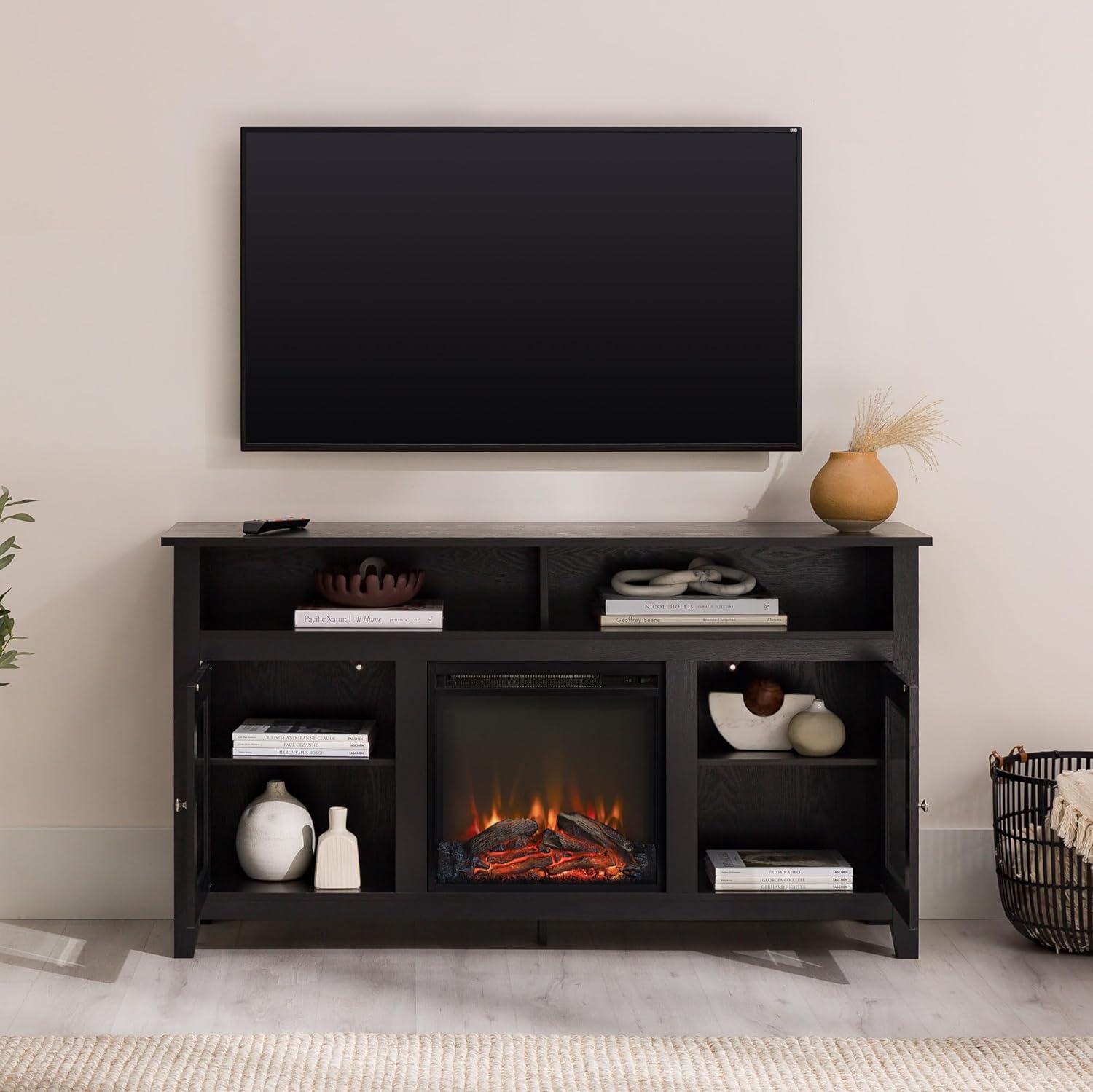 imageWalker Edison Glenwood Rustic Farmhouse Glass Door Highboy Fireplace TV Stand for TVs up to 65 Inches 58 Inch DriftwoodBlack
