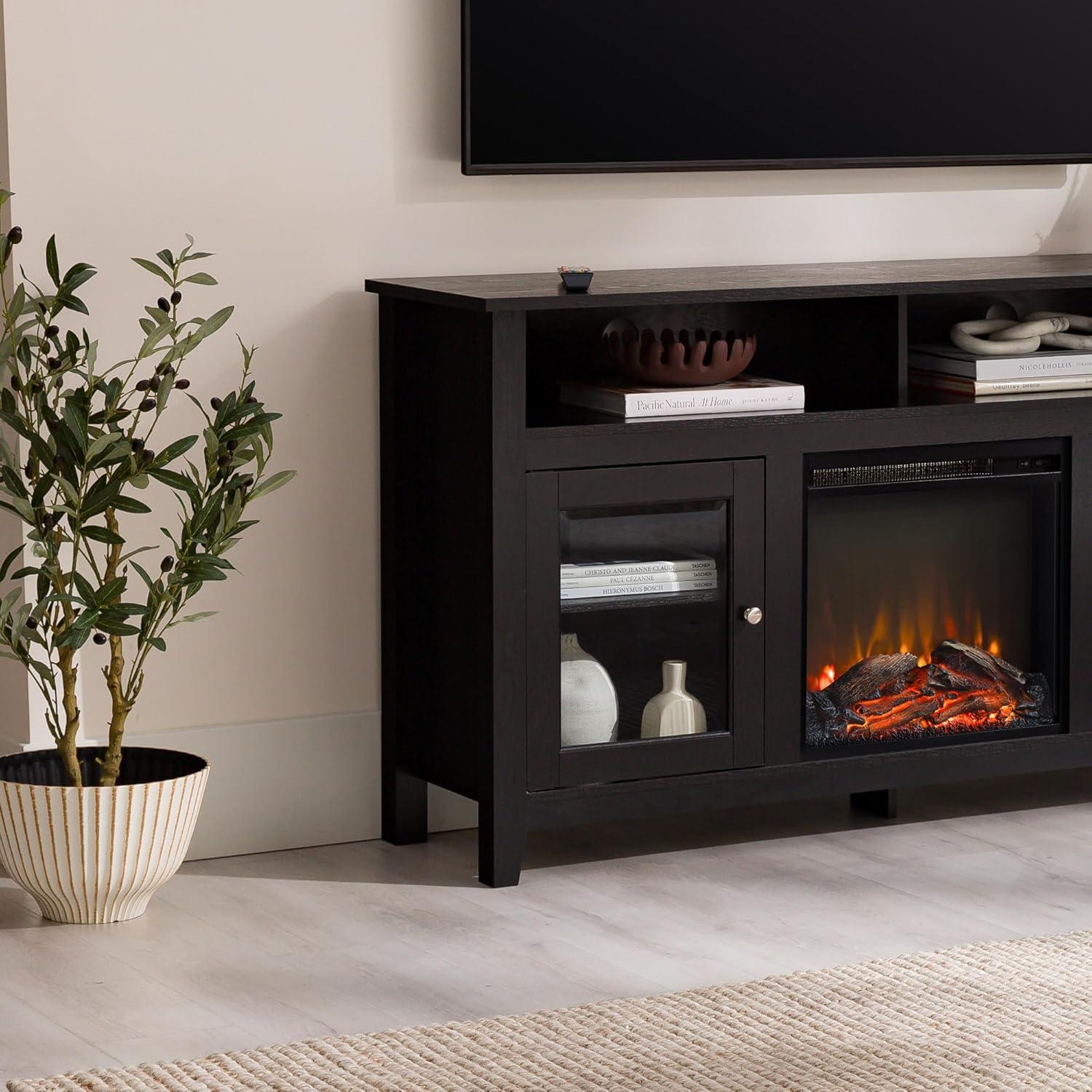 imageWalker Edison Glenwood Rustic Farmhouse Glass Door Highboy Fireplace TV Stand for TVs up to 65 Inches 58 Inch DriftwoodBlack