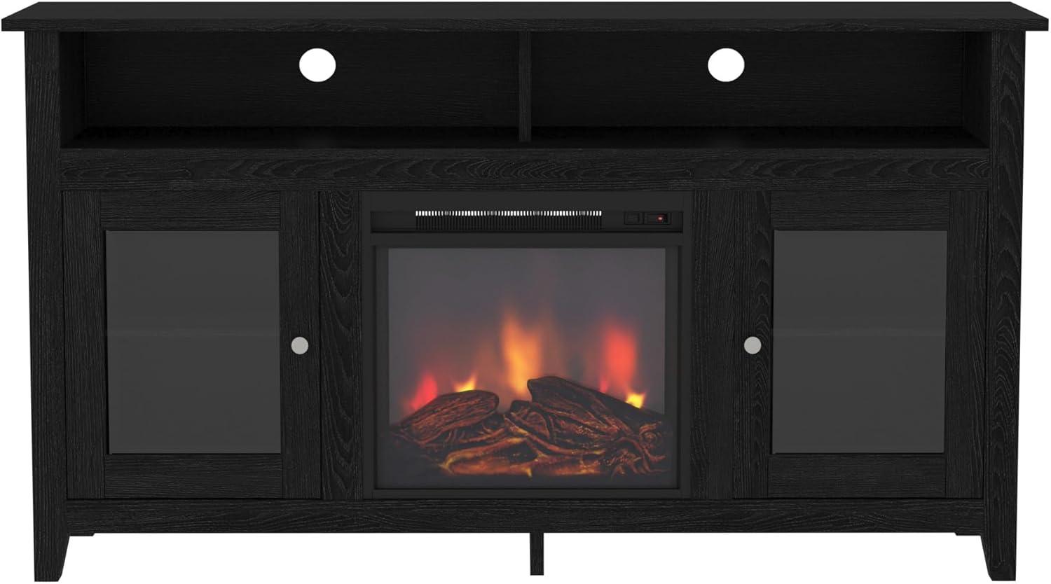 imageWalker Edison Glenwood Rustic Farmhouse Glass Door Highboy Fireplace TV Stand for TVs up to 65 Inches 58 Inch DriftwoodBlack