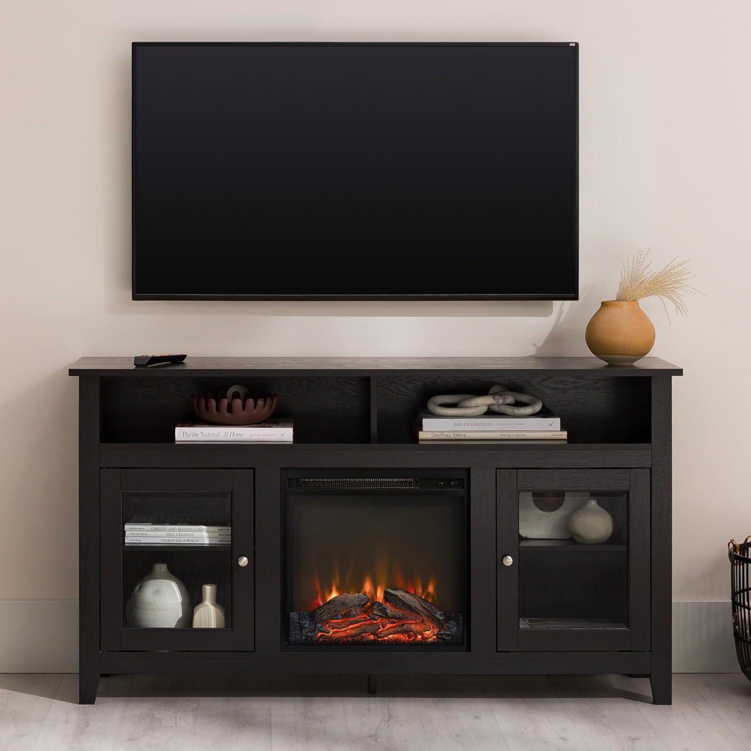 imageWalker Edison Glenwood Rustic Farmhouse Glass Door Highboy Fireplace TV Stand for TVs up to 65 Inches 58 Inch DriftwoodBlack