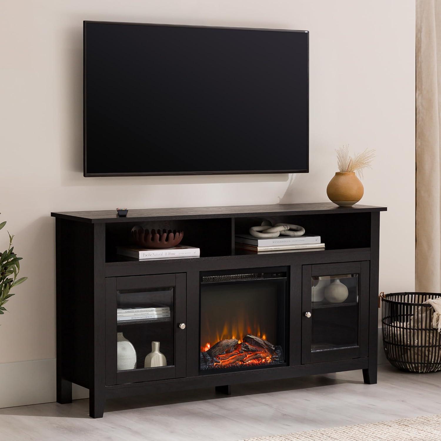 imageWalker Edison Glenwood Rustic Farmhouse Glass Door Highboy Fireplace TV Stand for TVs up to 65 Inches 58 Inch DriftwoodBlack