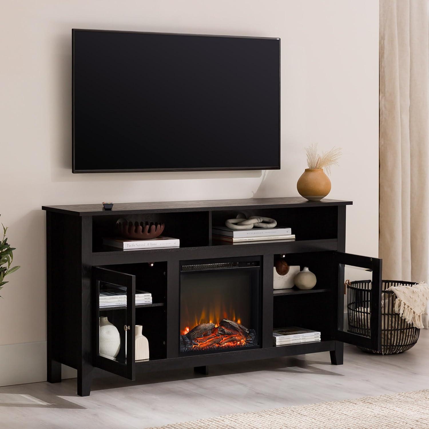 imageWalker Edison Glenwood Rustic Farmhouse Glass Door Highboy Fireplace TV Stand for TVs up to 65 Inches 58 Inch DriftwoodBlack