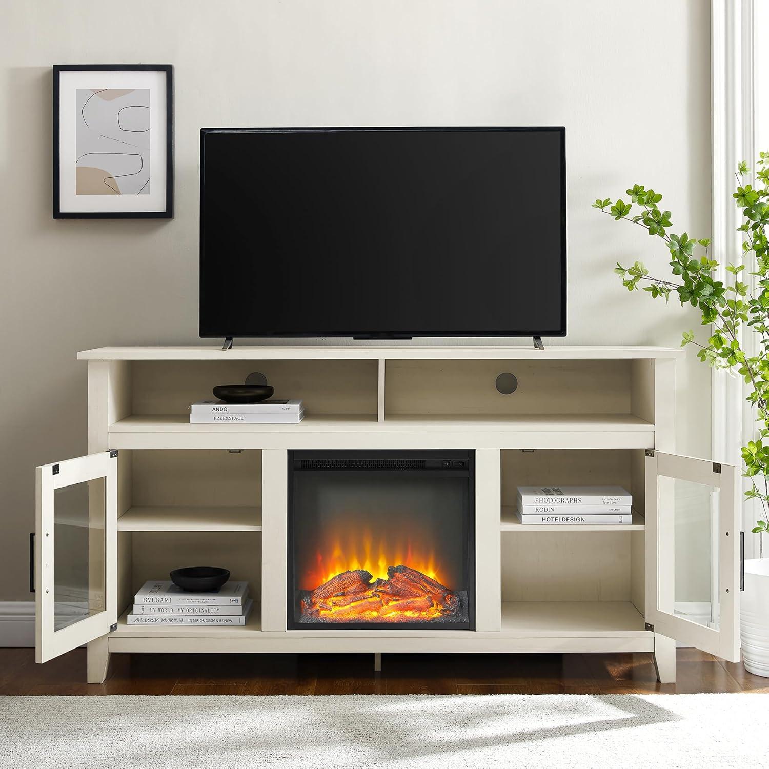 imageWalker Edison Glenwood Rustic Farmhouse Glass Door Highboy Fireplace TV Stand for TVs up to 65 Inches 58 Inch DriftwoodBrushed White