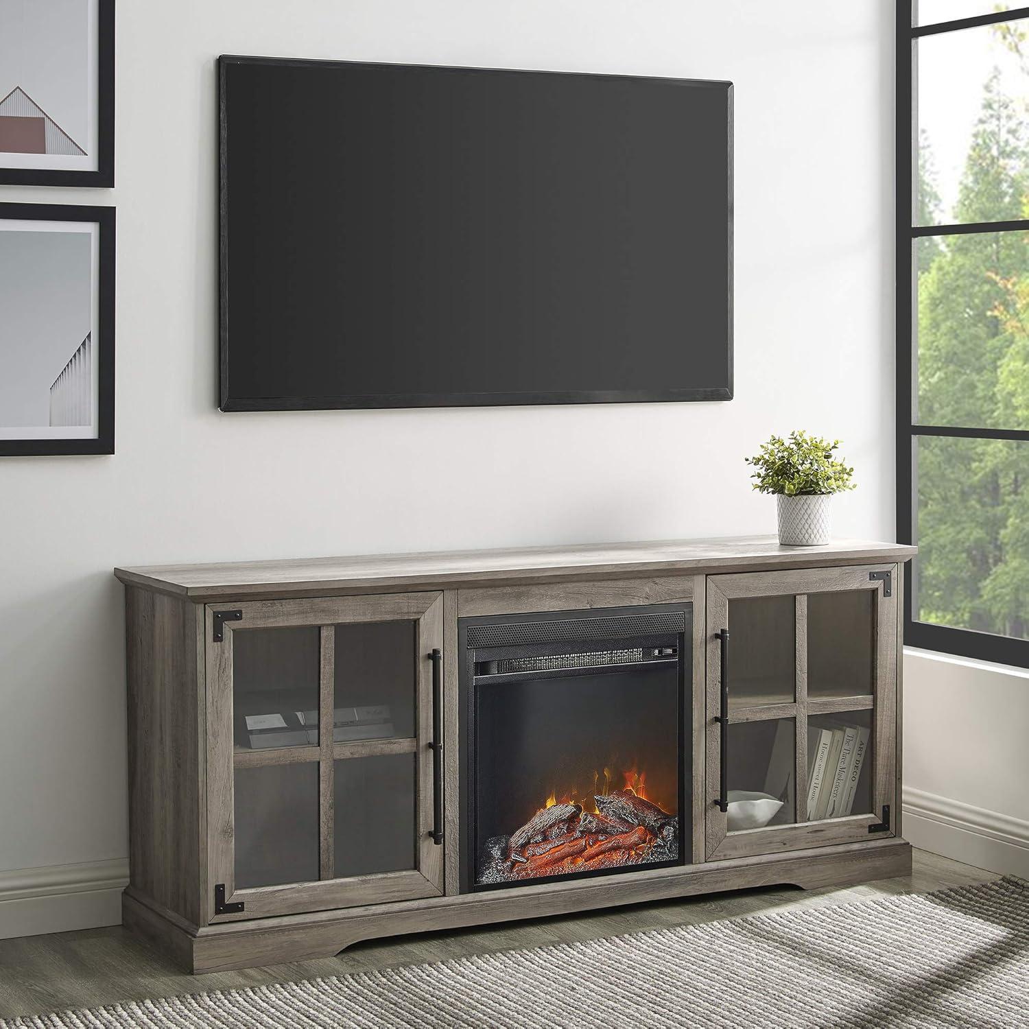 imageWalker Edison Rustic Farmhouse Wood and Glass Fireplace TV Stand with 2 Cabinet Doors for TVs up to 65 60 Inch Grey