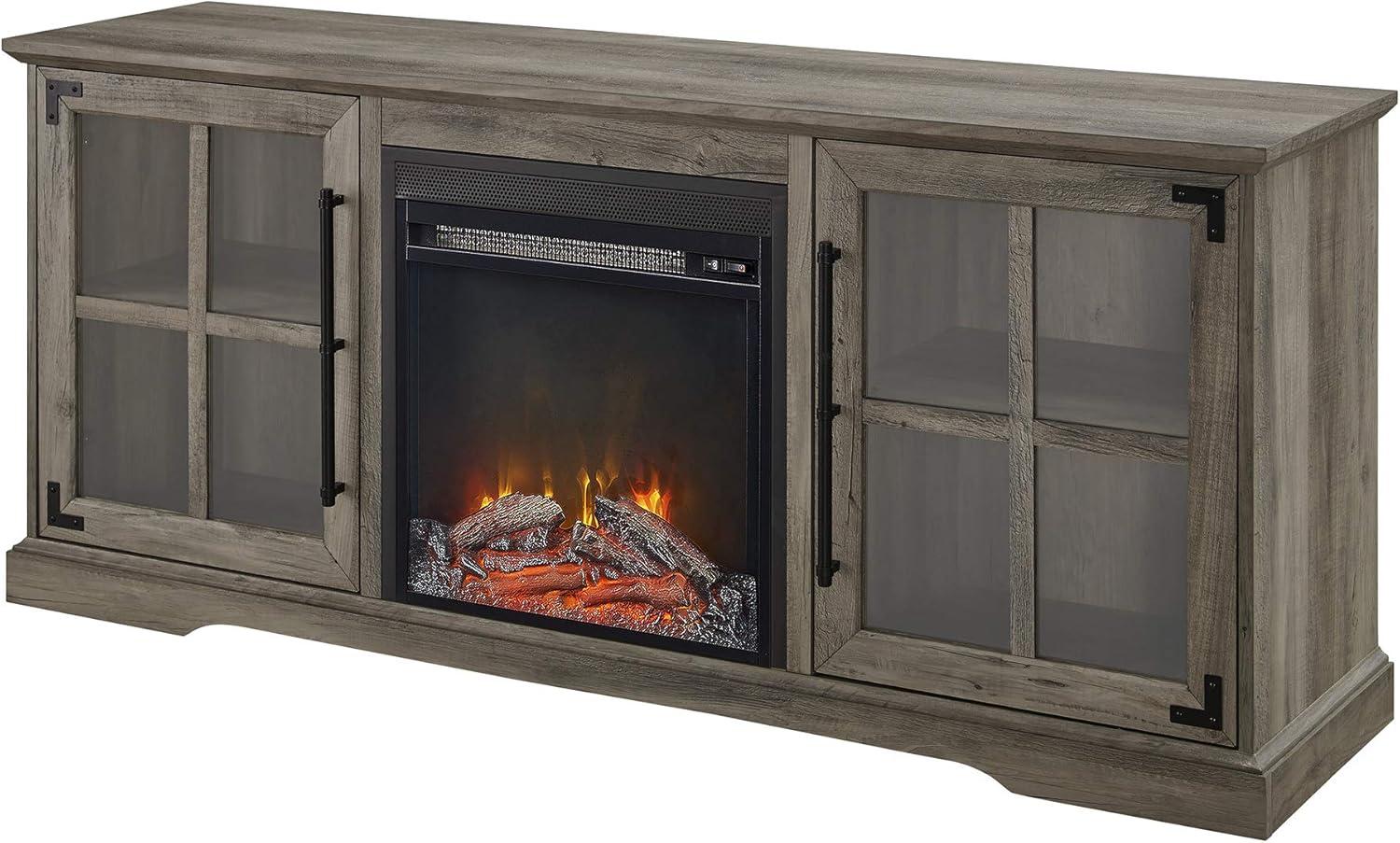 imageWalker Edison Rustic Farmhouse Wood and Glass Fireplace TV Stand with 2 Cabinet Doors for TVs up to 65 60 Inch Grey