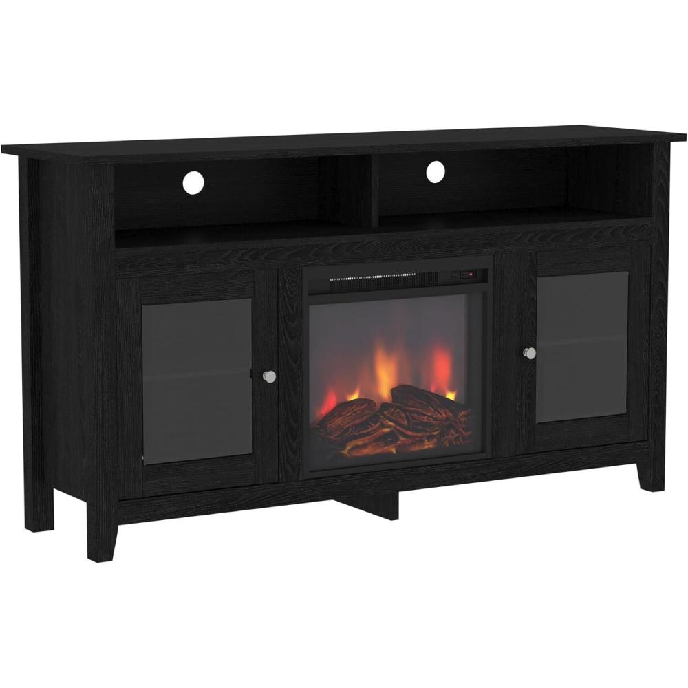 imageWalker Edison Glenwood Rustic Farmhouse Glass Door Highboy Fireplace TV Stand for TVs up to 65 Inches 58 Inch DriftwoodBlack