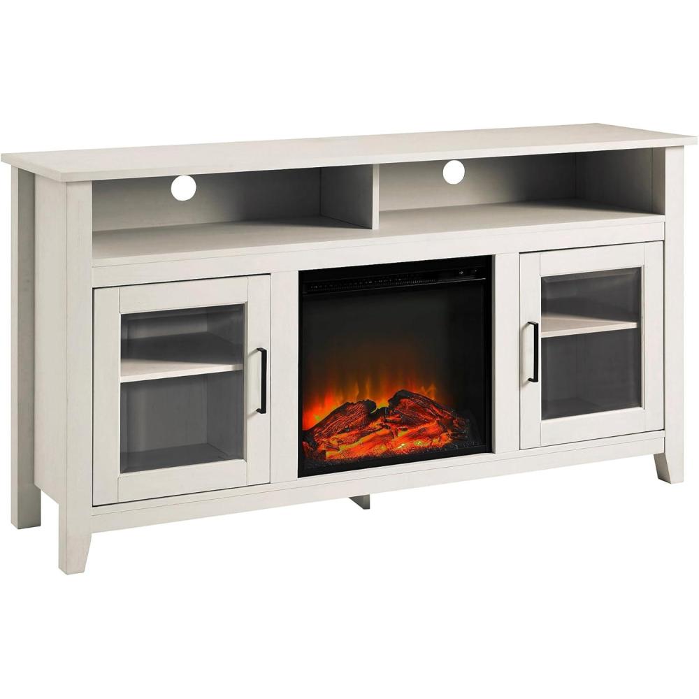 imageWalker Edison Glenwood Rustic Farmhouse Glass Door Highboy Fireplace TV Stand for TVs up to 65 Inches 58 Inch DriftwoodBrushed White
