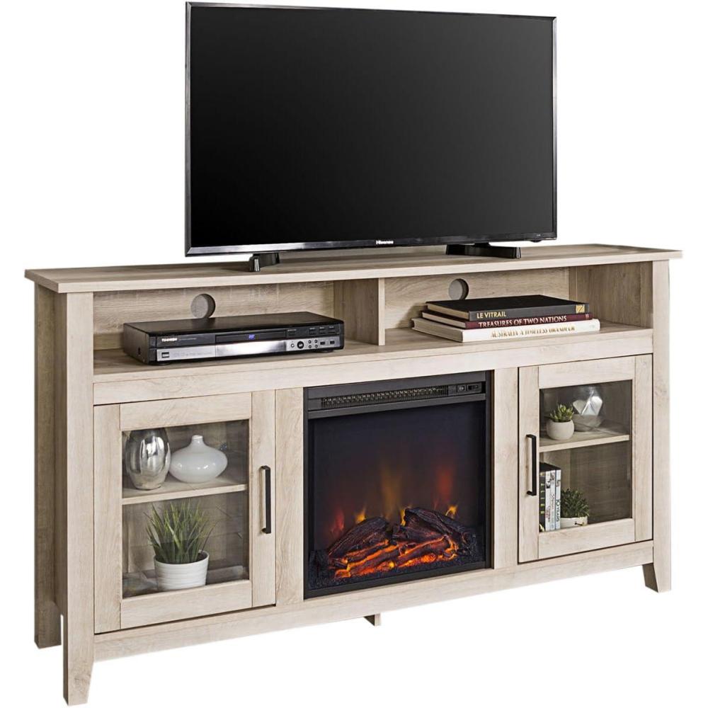 imageWalker Edison Glenwood Rustic Farmhouse Glass Door Highboy Fireplace TV Stand for TVs up to 65 Inches 58 Inch Grey WashWhite Oak